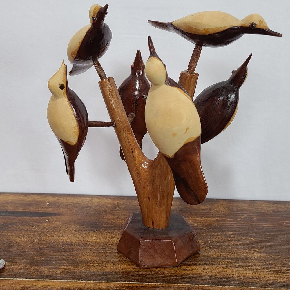 Danish MCM Style Hand Carved Two-Toned Birds on a Tree Folk Art Wood Sculpture